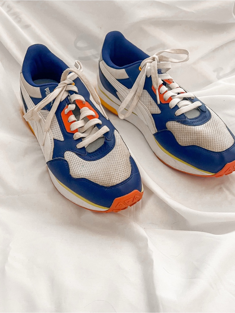 Puma Blue & White Athletic Sneakers with Orange Accents Size 9.5